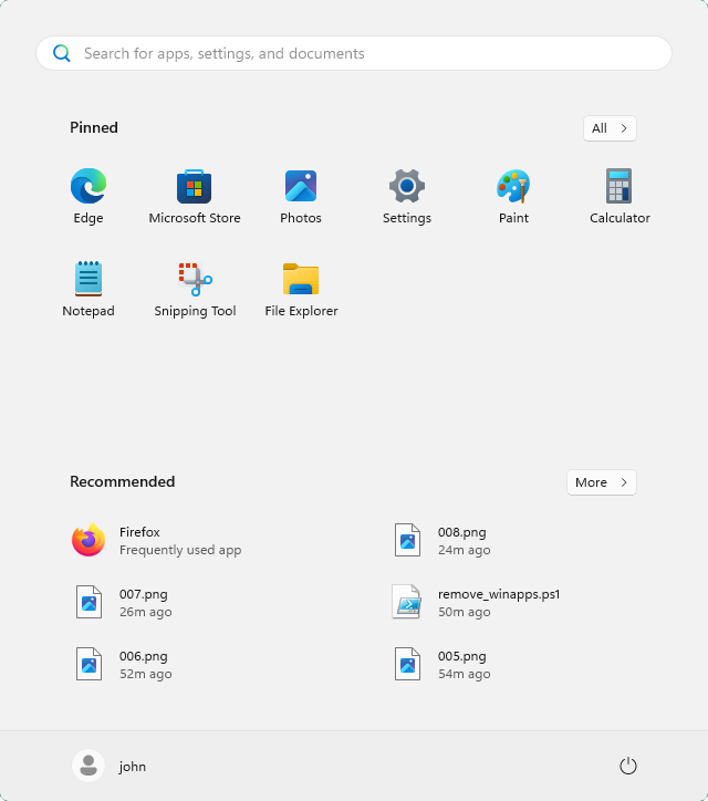 Clean Windows Start menu after removing WinApps Windows Start menu showing fewer preinstalled apps after running the remove_winapps PowerShell script