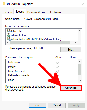 In the 01-Admin folder properties, go to the Security tab and click Advanced to configure Windows file auditing permissions