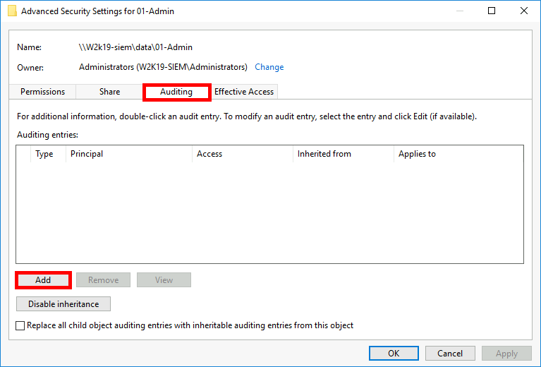 In the Advanced Security Settings for 01-Admin, go to the Auditing tab and click Add to create a new Windows file auditing entry