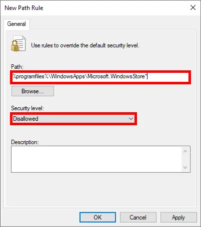 Creating a path rule to block Microsoft Store in SRP