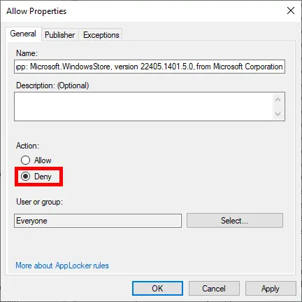 Changing rule action to Deny in AppLocker rule editor
