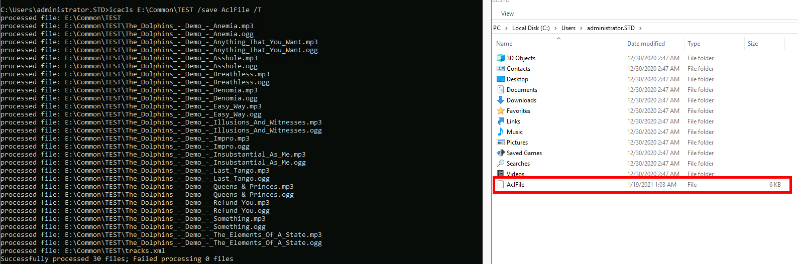 Command Prompt output of the icacls command saving access control list (ACL) to a file, with the saved file highlighted in the Windows Explorer.
