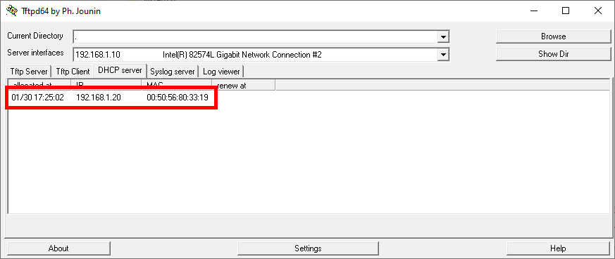 Tftpd64 DHCP server log showing an allocated IP address 192.168.1.20 to a device with MAC address 00:50:56:80:33:19.