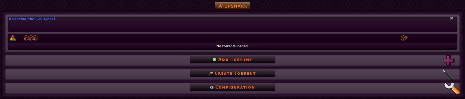 I2PSnark interface with options: Add, Create, Configuration