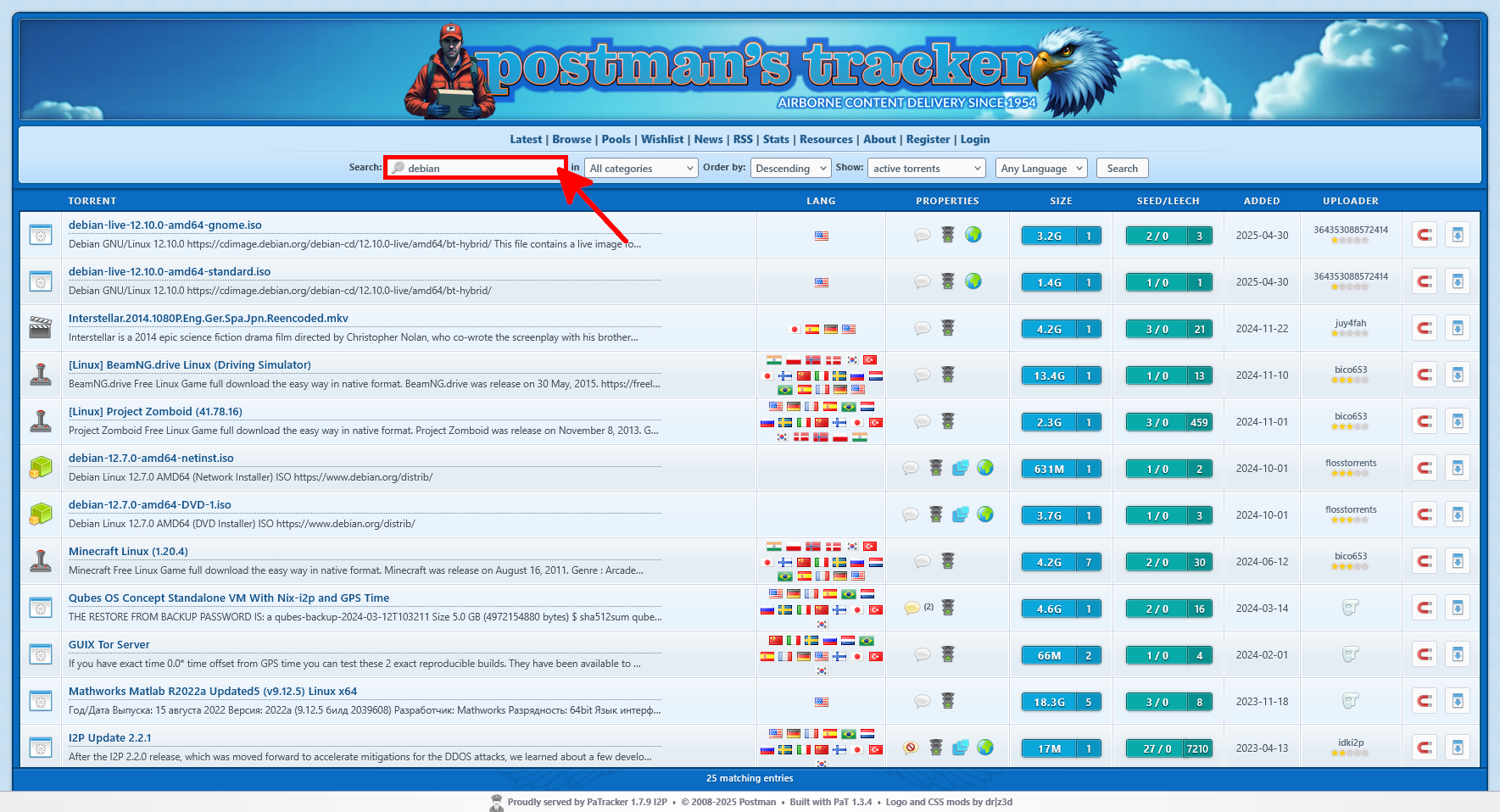 Postman tracker search results for Debian torrents