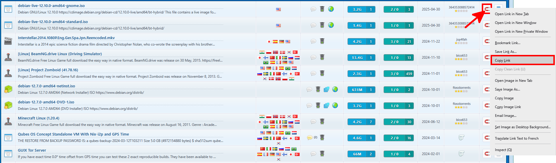 Right-click on magnet link to copy for Debian-live