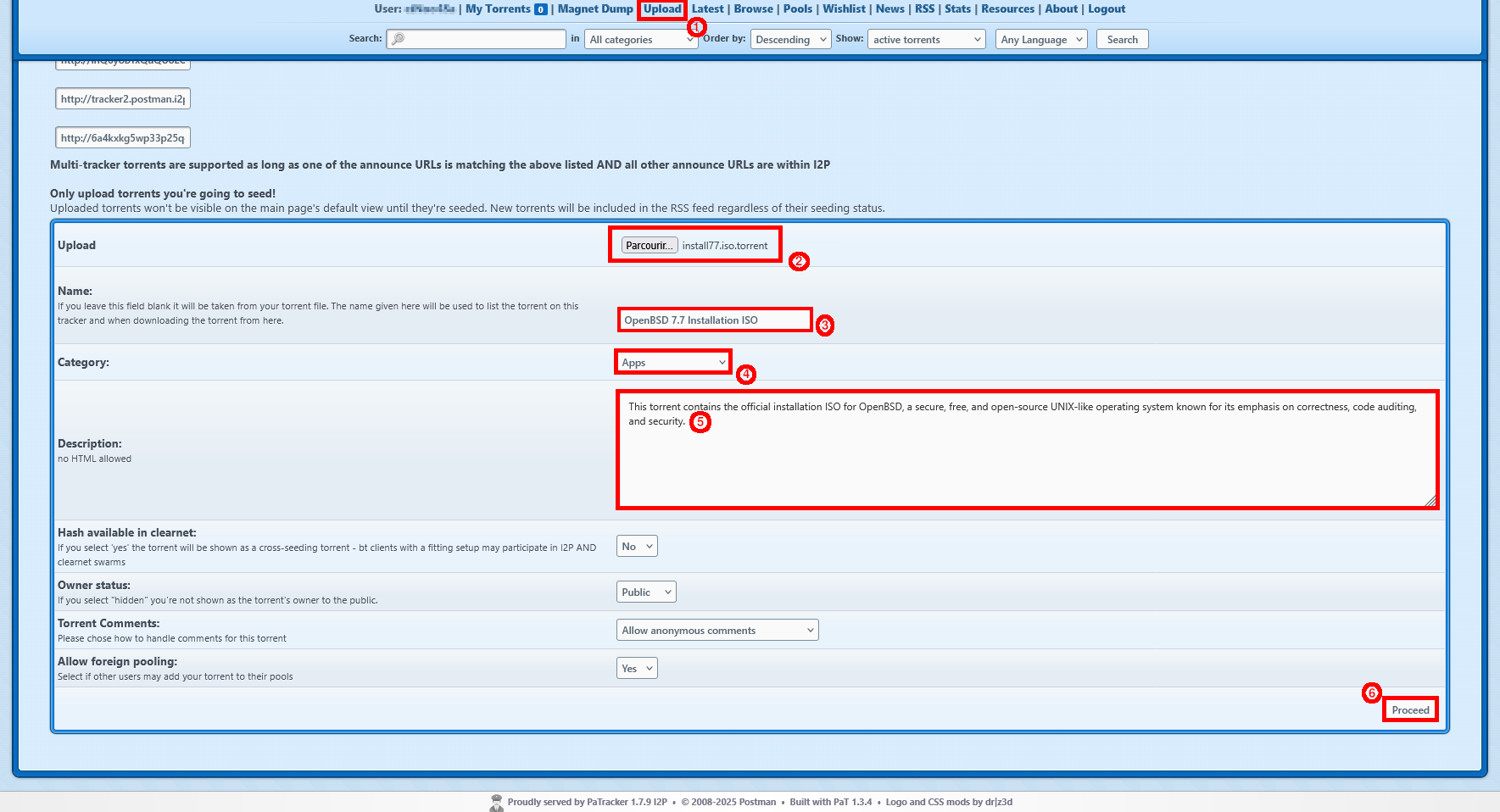 Upload torrent page with form fields on Postman tracker