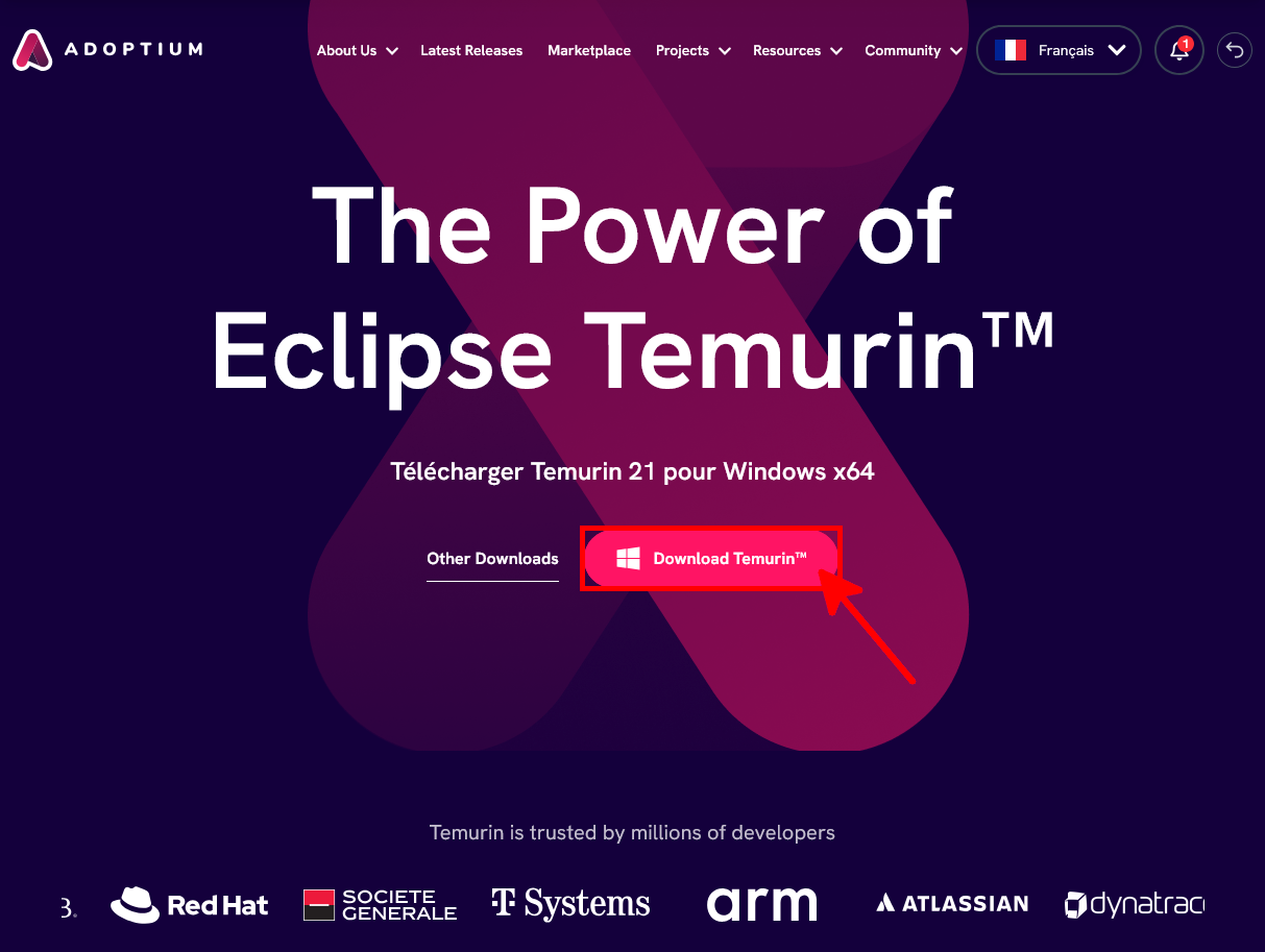 Download page for Eclipse Temurin 21 on Adoptium website with highlighted button for Windows x64