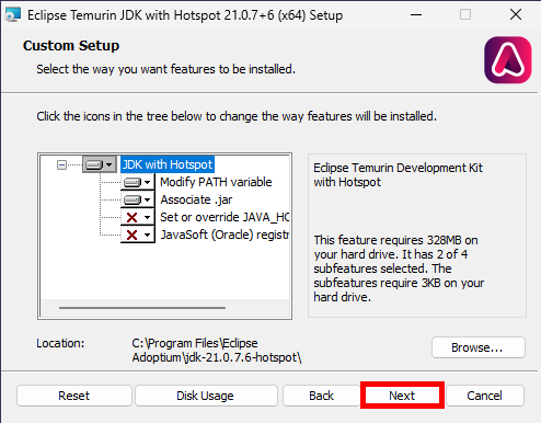 Eclipse Temurin JDK custom setup screen showing installation options and Next button highlighted