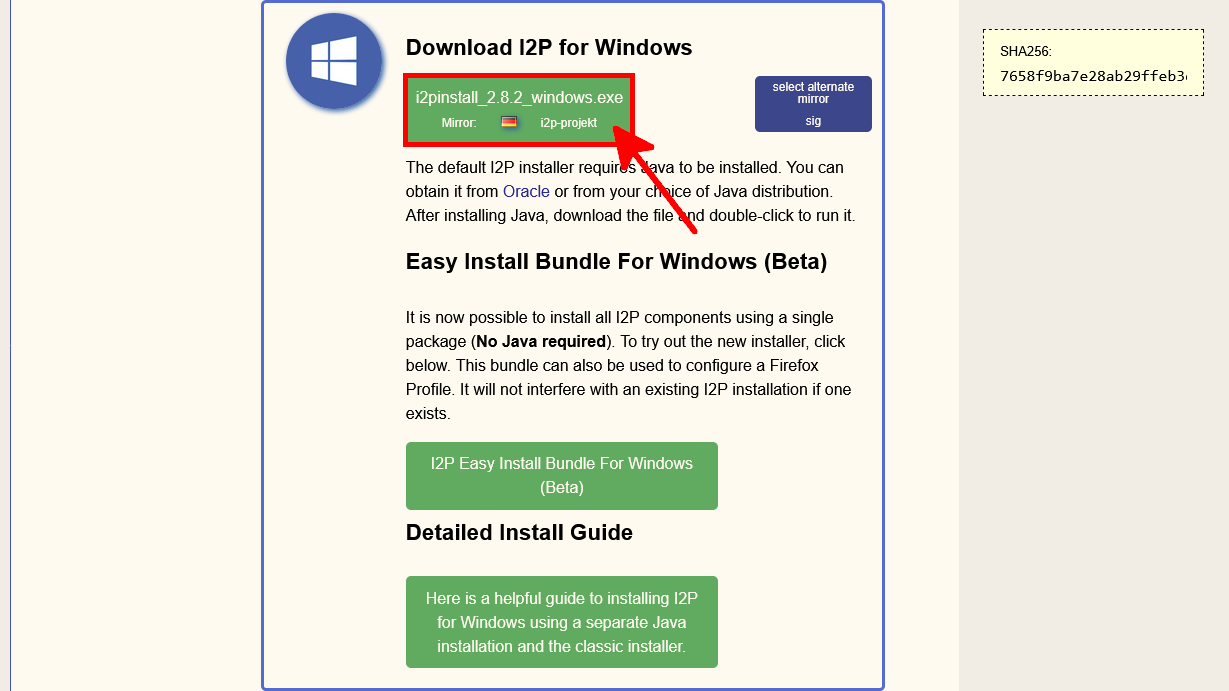 Download section of I2P for Windows showing the i2pinstall_2.8.2_windows.exe link with highlighted download button