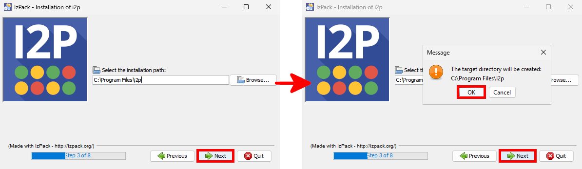I2P installer directory selection with path input and confirmation dialog showing OK and Next buttons