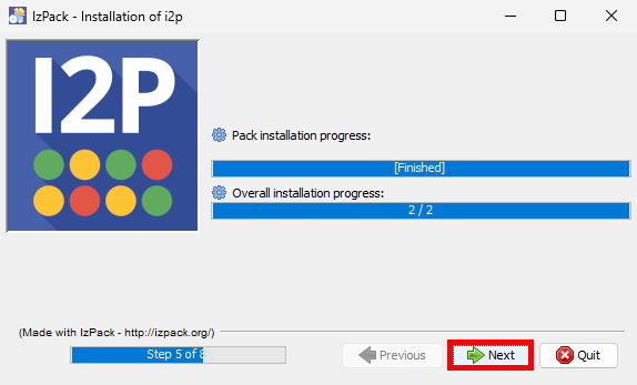 I2P installer progress screen showing completed pack and overall installation with Next button highlighted