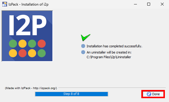 I2P installer final screen confirming successful installation and Done button highlighted