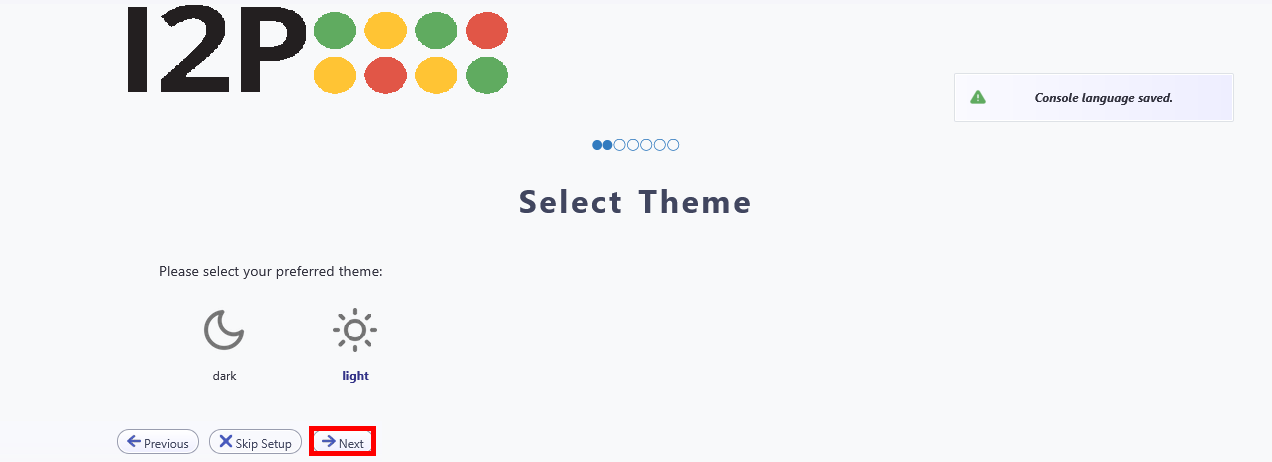 I2P setup screen with light and dark theme options and Next button highlighted