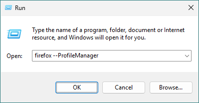 Windows Run dialog with command to open Firefox Profile Manager