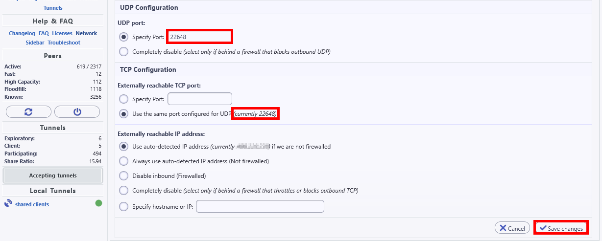 I2P router configuration screen showing specified UDP and TCP ports with Save changes button highlighted