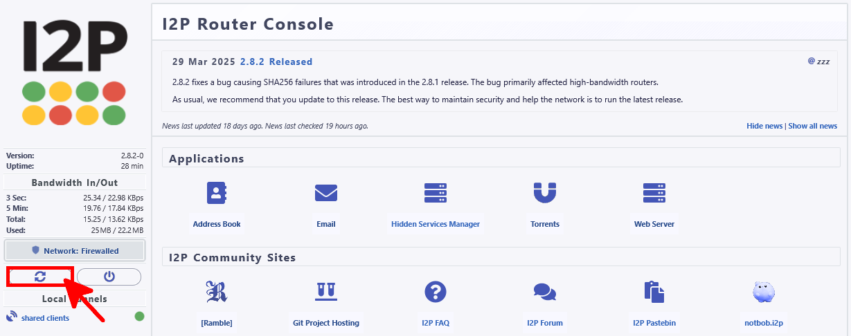 I2P Router Console interface with restart router button highlighted