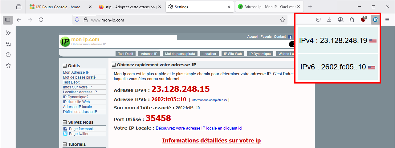 Public IP address check using mon-ip.com showing both IPv4 and IPv6 addresses in Firefox browser