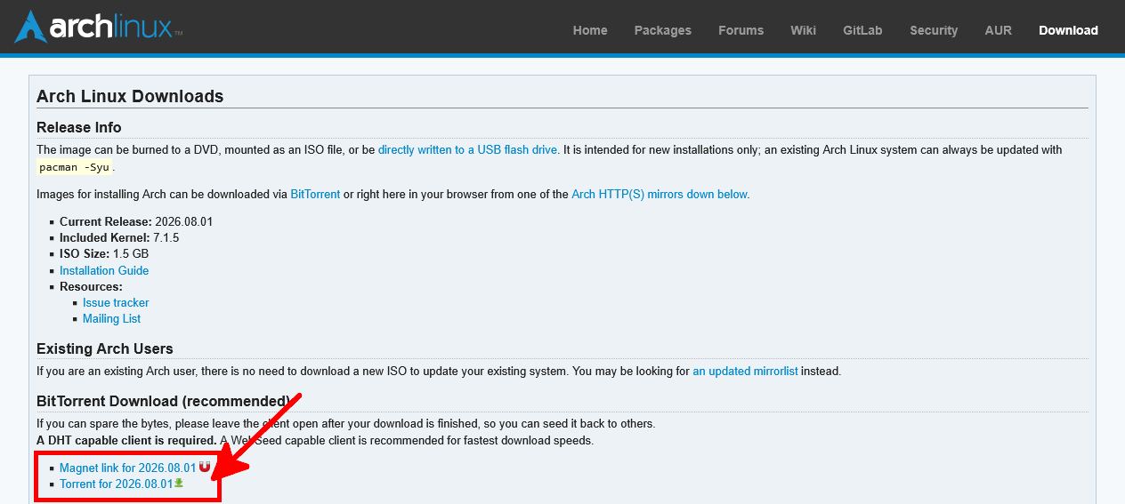 Arch Linux download page showing the magnet link and torrent file for the installation ISO