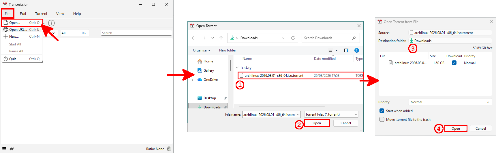 Transmission showing how to select a torrent file, review its contents, choose the destination folder, and start the download