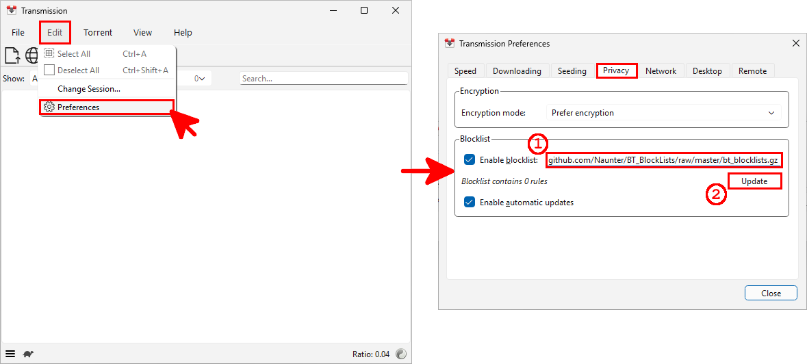 Transmission preferences window showing the Privacy tab with blocklist settings and update button