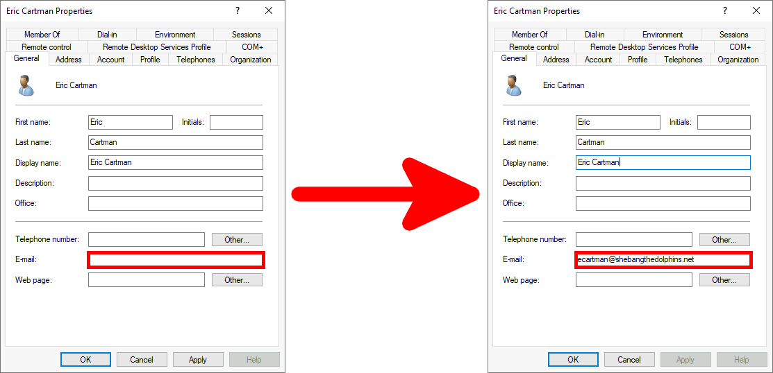 Active Directory | set email address in user properties