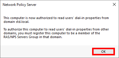 Network Policy Server window prevents that the computer is now authorized to read users dial-in properties