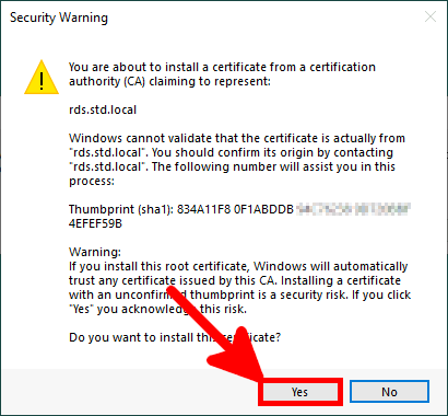 Security warning window before installing certificate from unknown CA