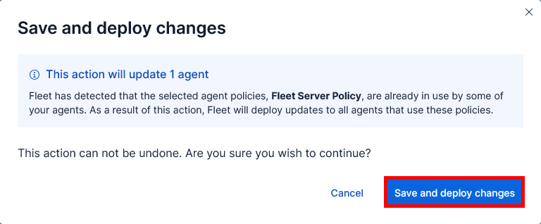 Kibana confirmation dialog showing the Save and deploy changes button for the Cisco FTD integration