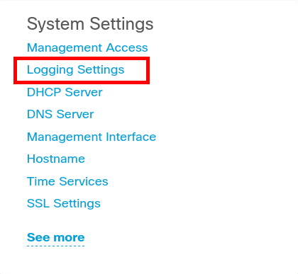 Cisco Firepower FTD System Settings menu showing the Logging Settings entry