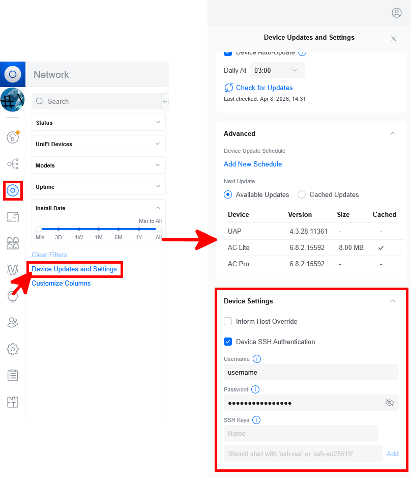 UniFi interface showing Device Updates and Settings with SSH authentication credentials.