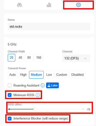 UniFi WiFi settings showing minimum RSSI set to -75 dBm and interference blocker enabled