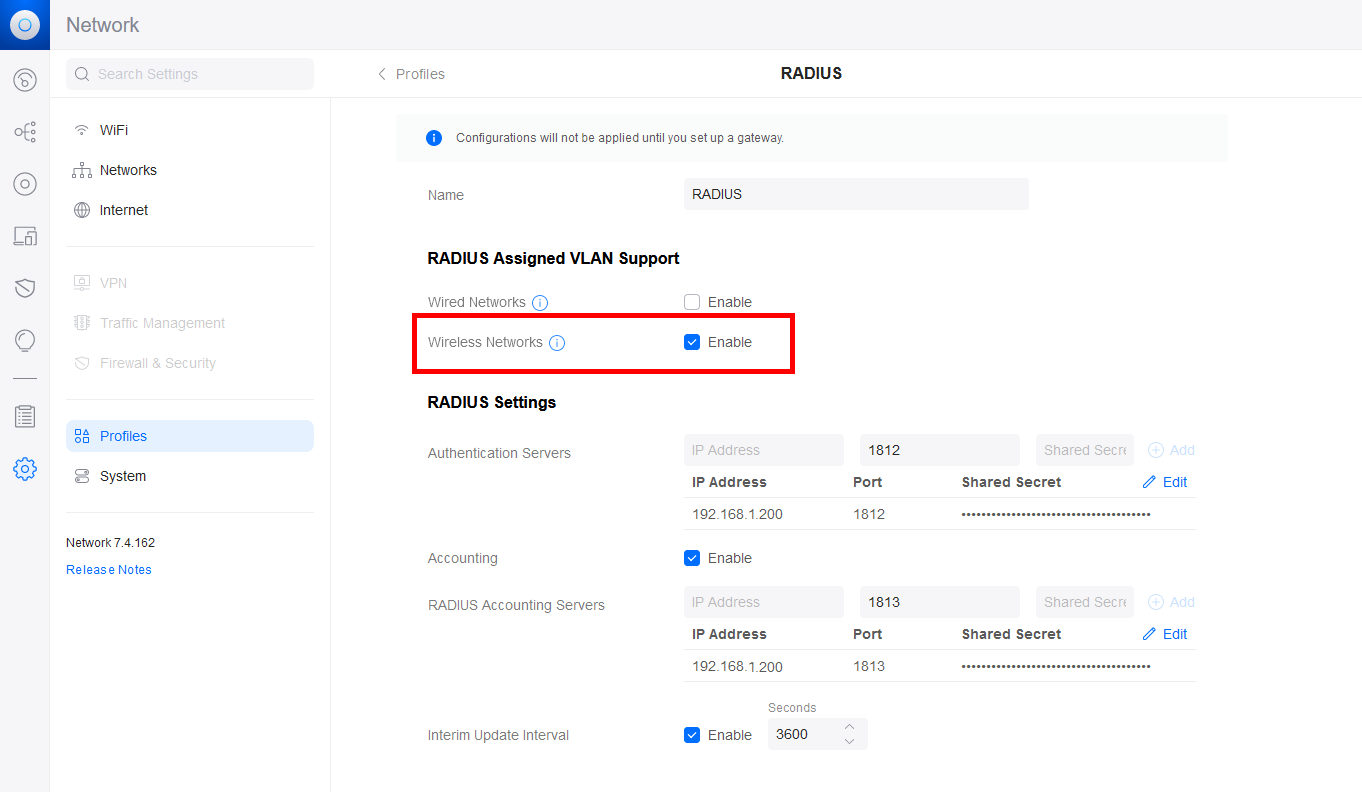UniFi Network interface showing RADIUS profile configuration with VLAN assignment enabled for wireless networks and RADIUS server details entered.