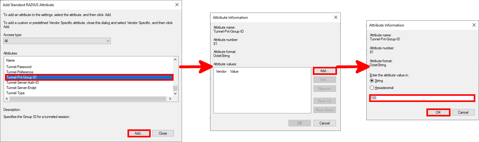Step-by-step view of configuring the Tunnel-Pvt-Group-ID RADIUS attribute in NPS with a value of 100 for VLAN assignment.