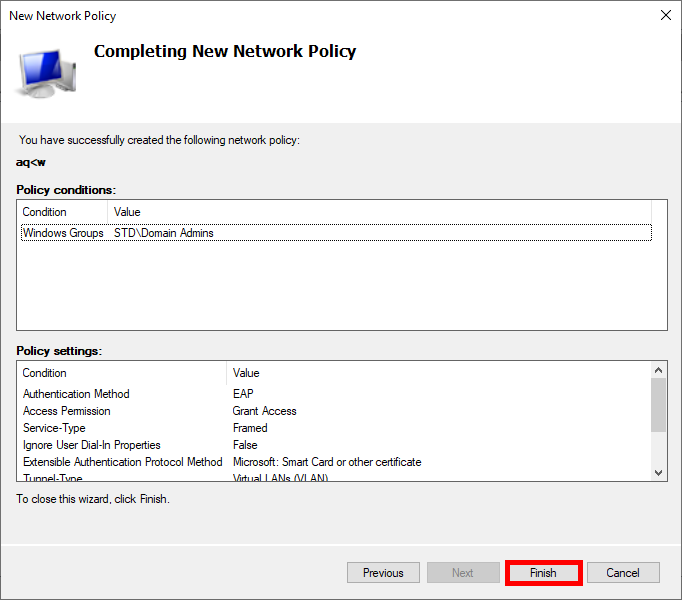Summary screen of NPS wizard showing policy conditions and settings for a network policy granting access to members of the Domain Admins group with VLAN attributes.
