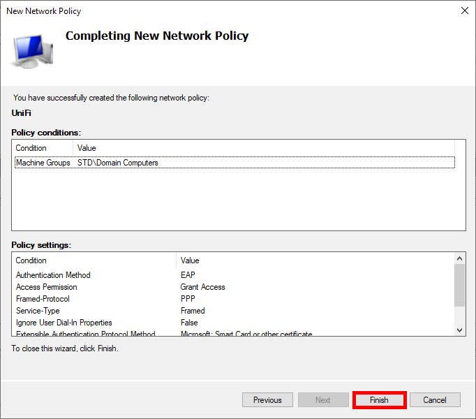 Screenshot of the 'Completing New Network Policy' window in Windows Network Policy Server (NPS). The newly created policy named 'UniFi' includes the 'Machine Groups' condition set to 'STD\Domain Computers'. The 'Finish' button is highlighted to finalize the policy creation.