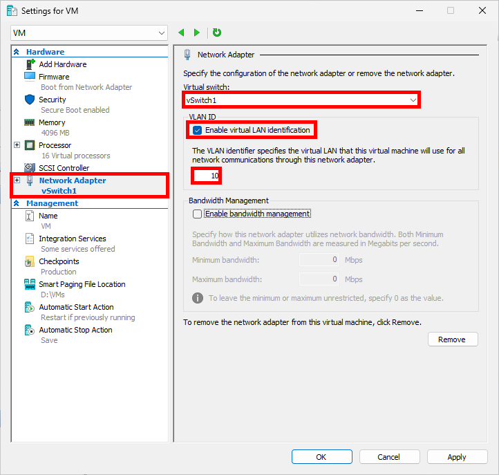 Hyper-V VM network adapter settings showing vSwitch1 selected and VLAN ID 10 enabled