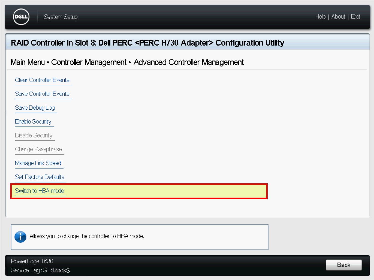 Dell PERC H730 RAID controller configuration screen with the option to switch to HBA mode highlighted.