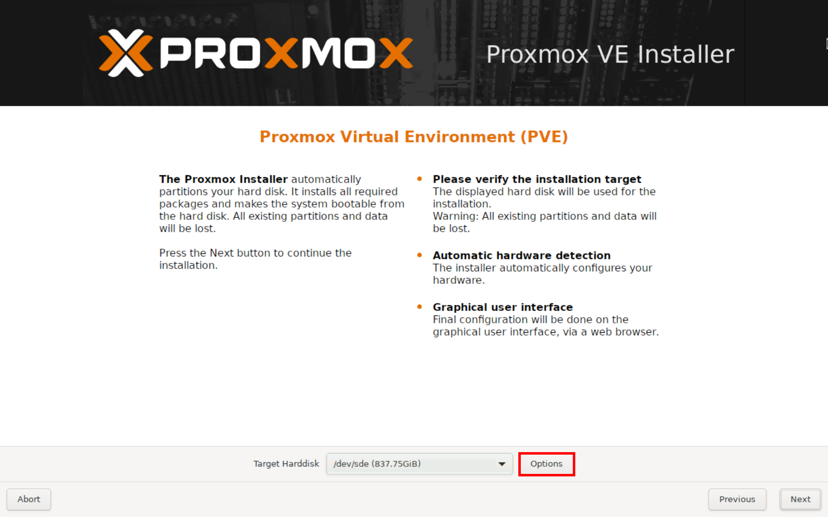 Proxmox VE installer disk selection