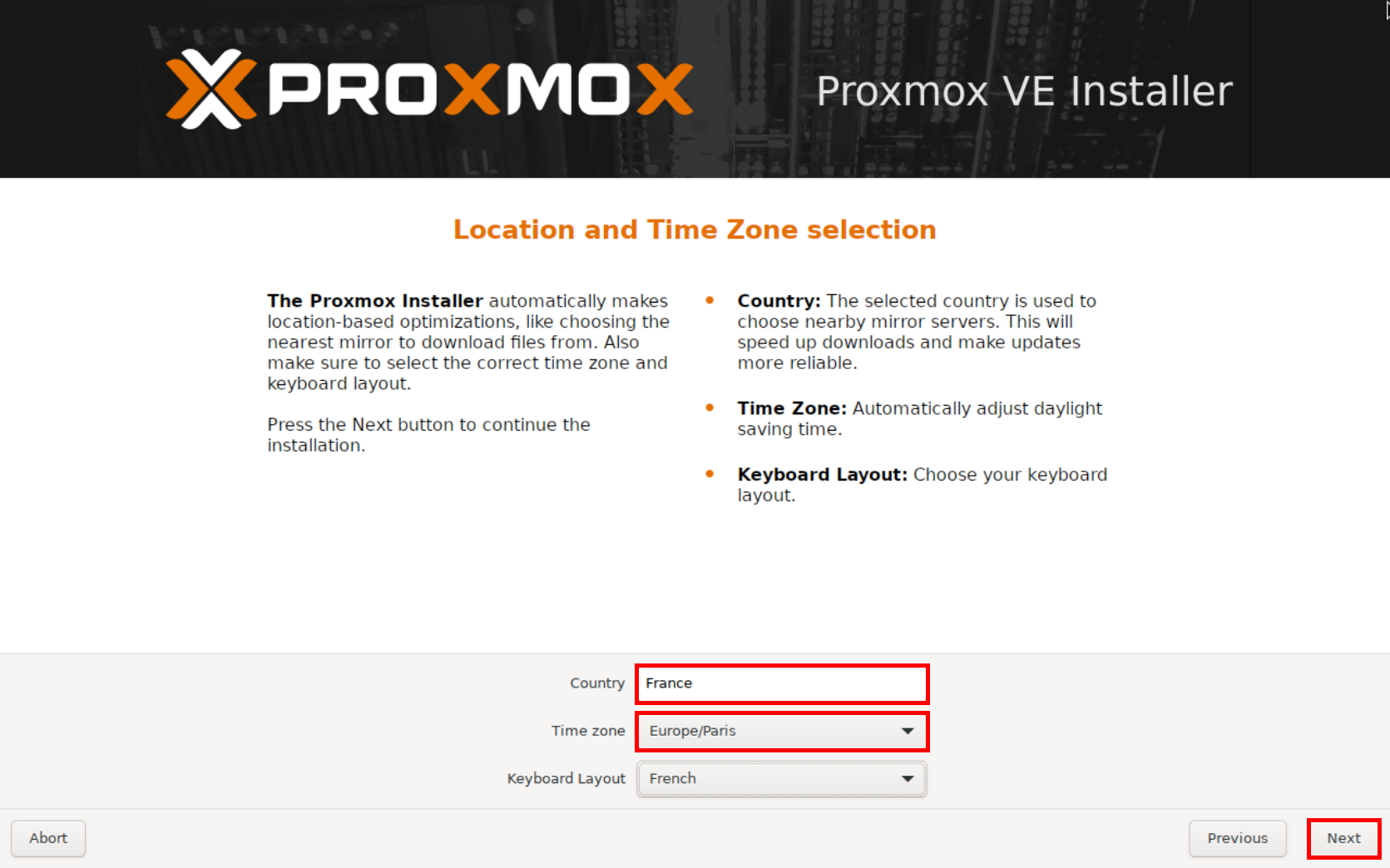 Proxmox VE installer location and keyboard selection