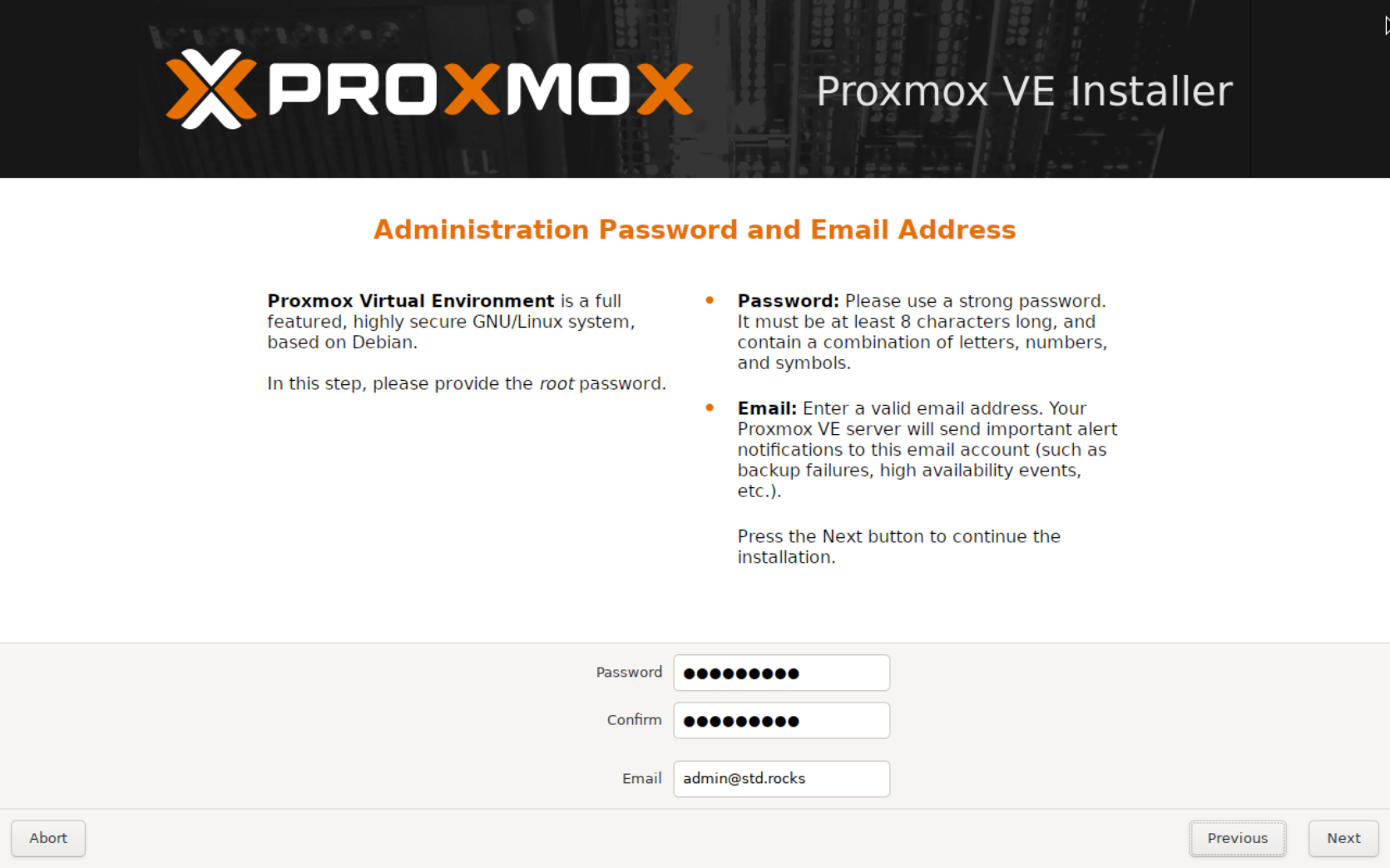 Proxmox VE installer root password and email setup