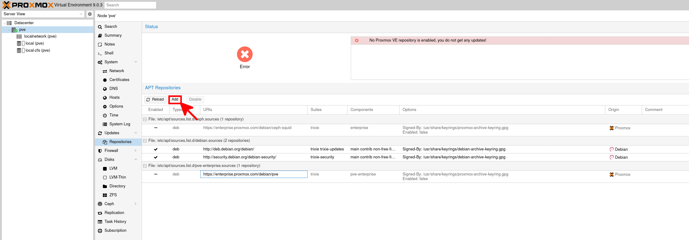Proxmox VE 9 Add Repository button