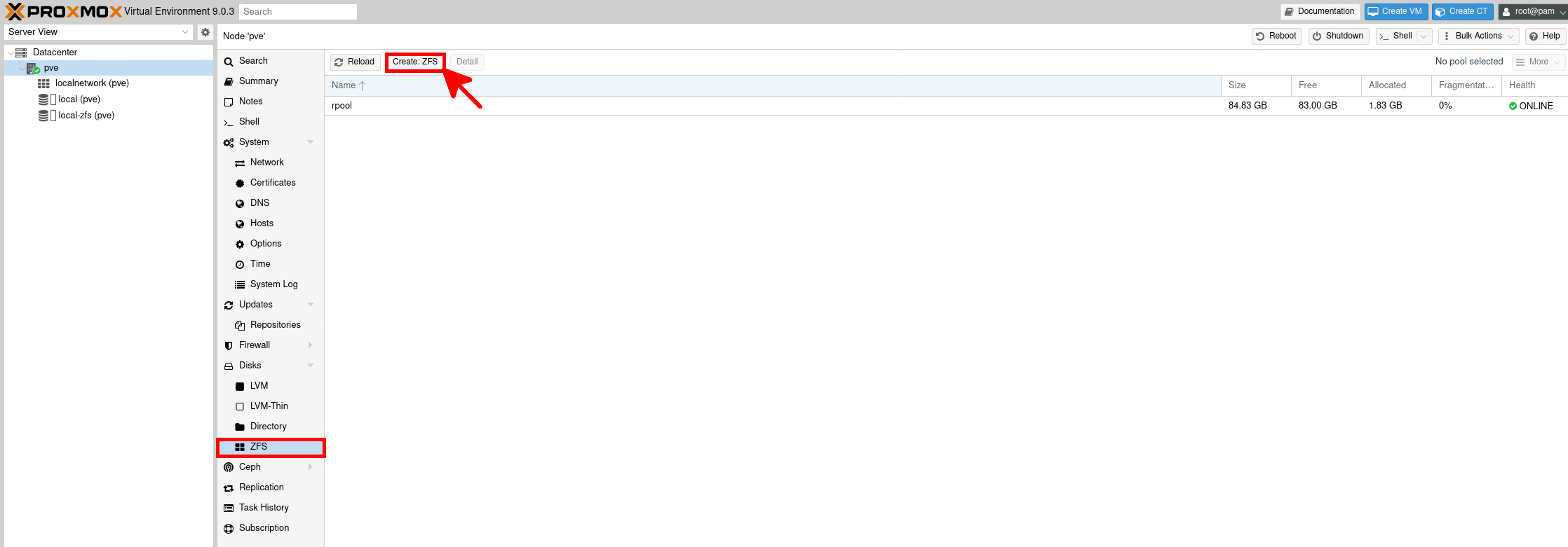 Proxmox VE 9 create ZFS storage pool