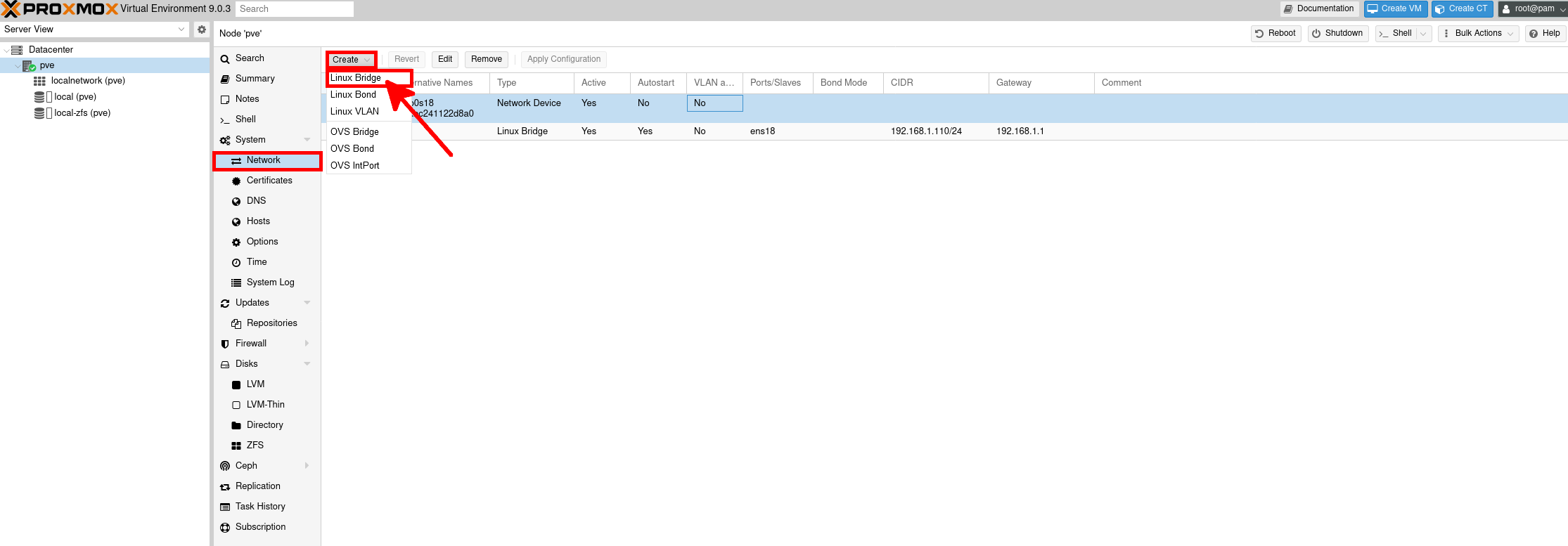 Proxmox VE 9 create Linux Bridge