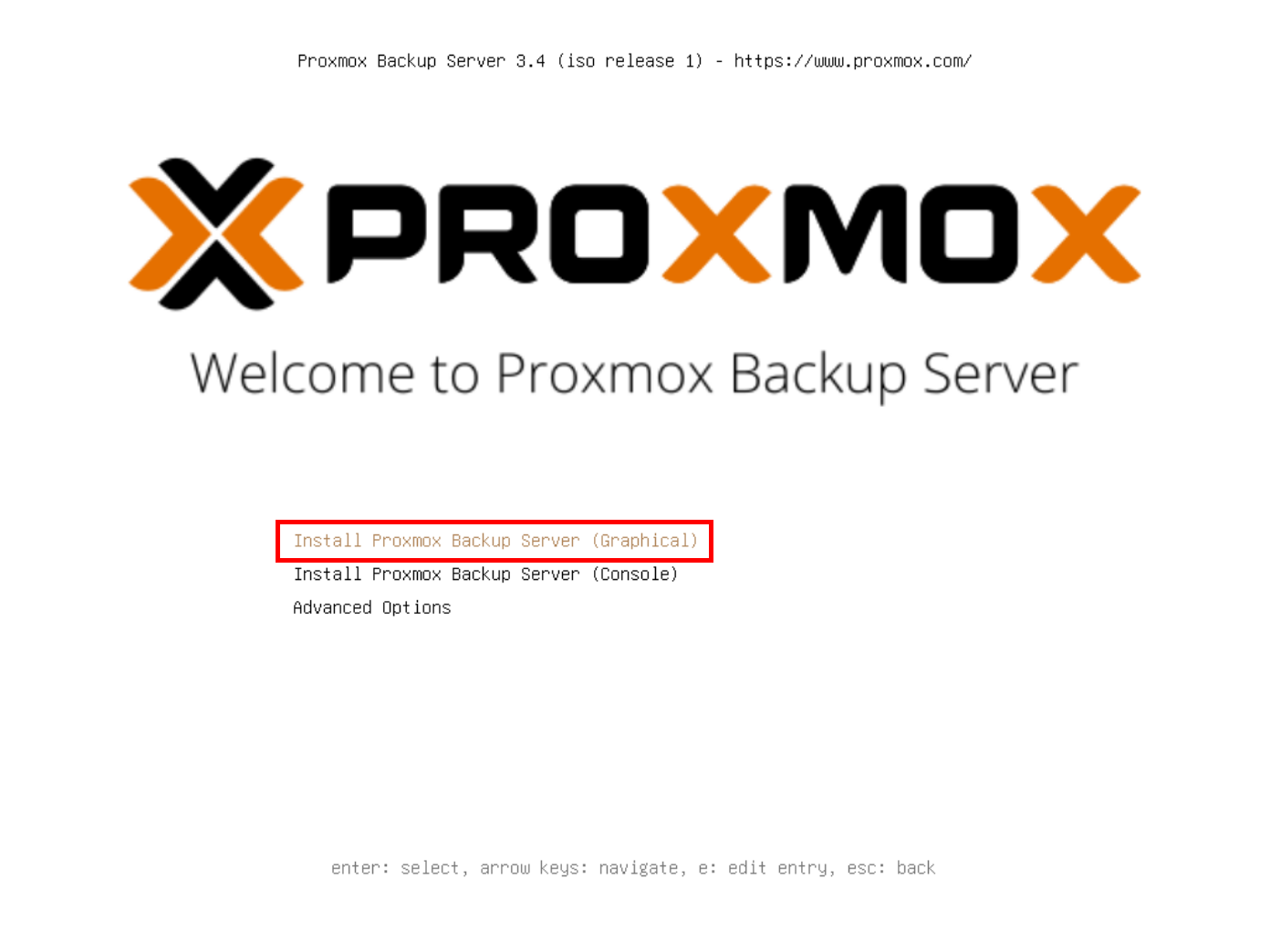 Proxmox Backup Server 3.4 boot menu with graphical installation option selected