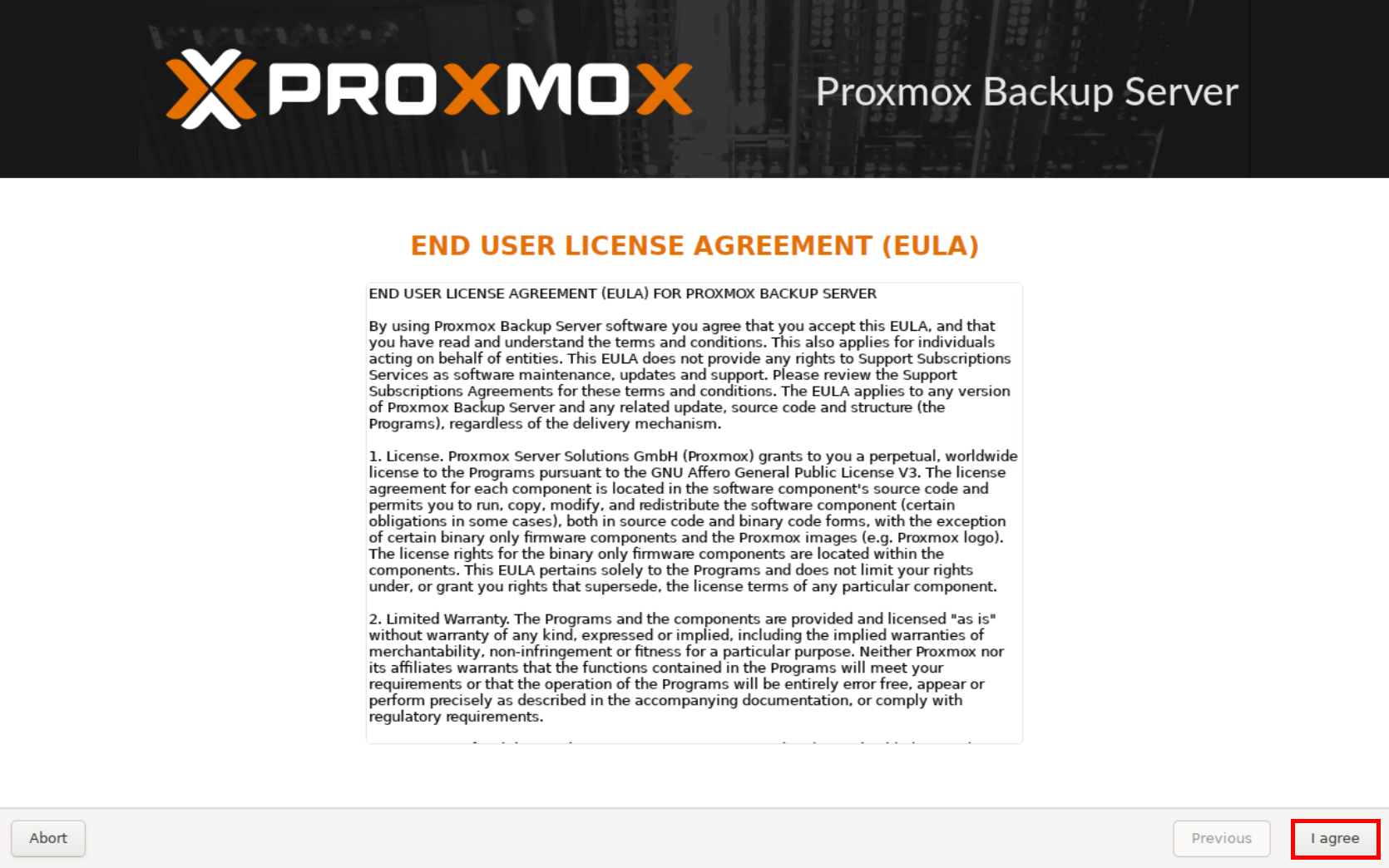 End User License Agreement screen during Proxmox Backup Server installation