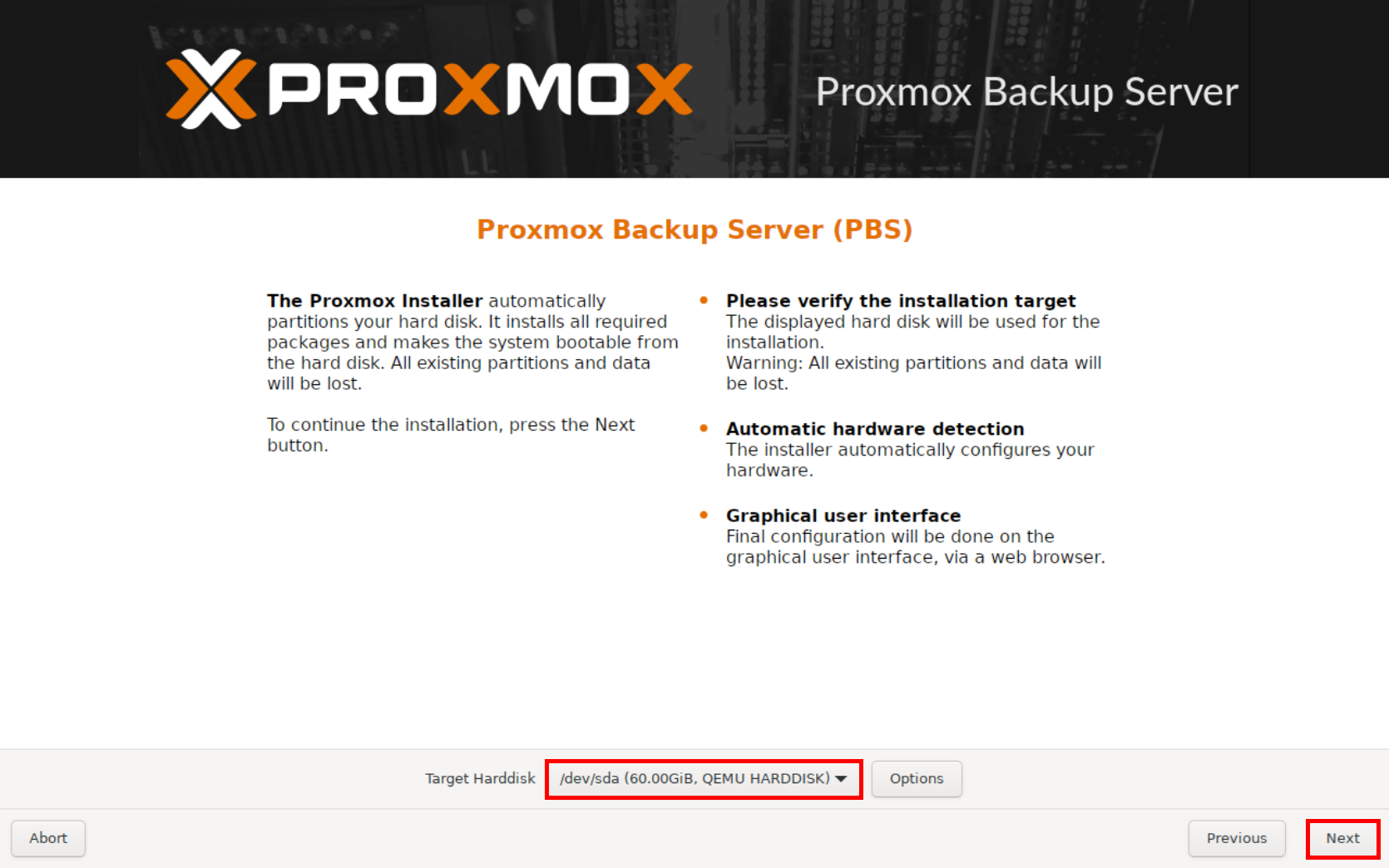 Select target hard disk for installing Proxmox Backup Server