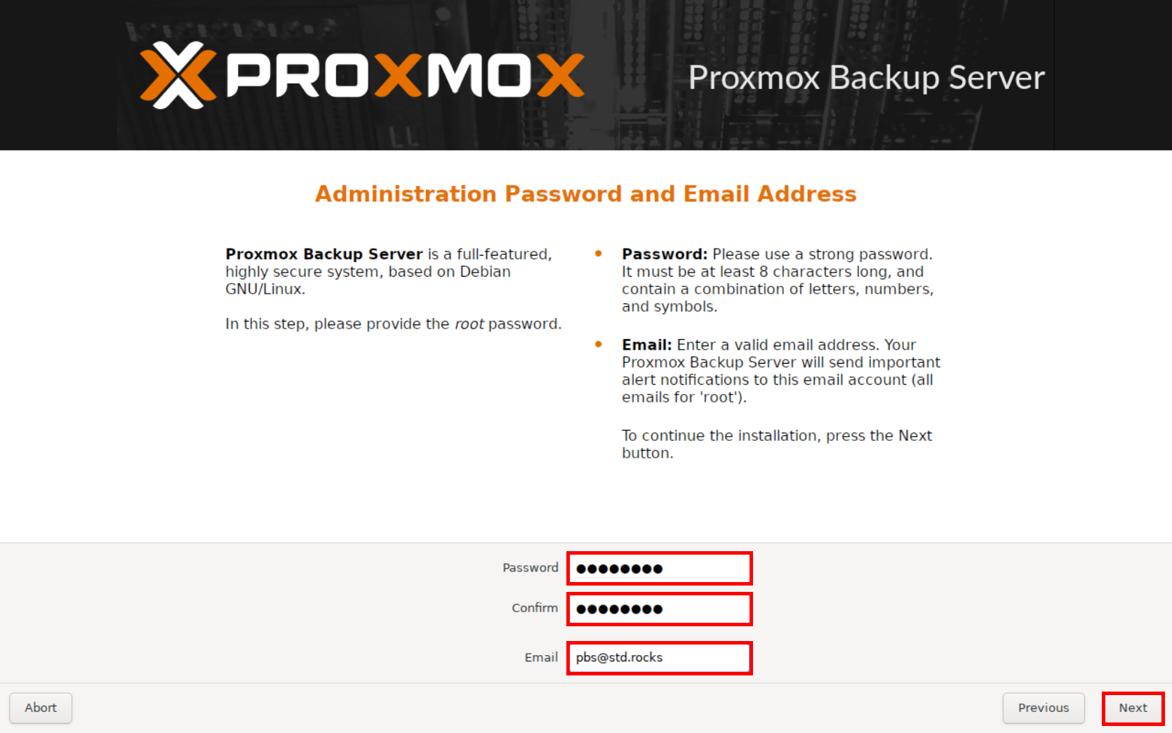 Define root password and email address during PBS installation process