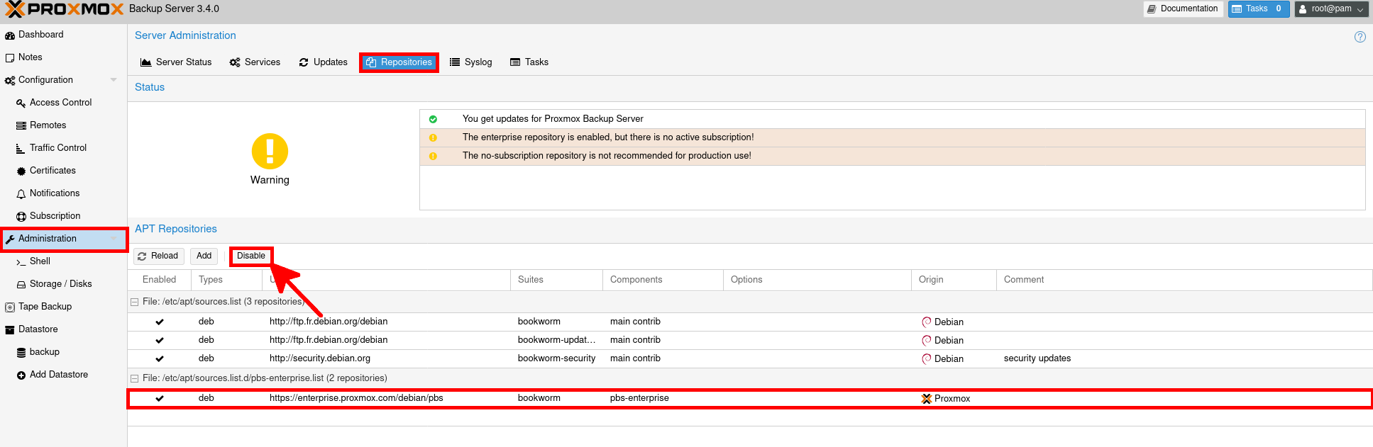 Disabling the enterprise repository in Proxmox Backup Server GUI