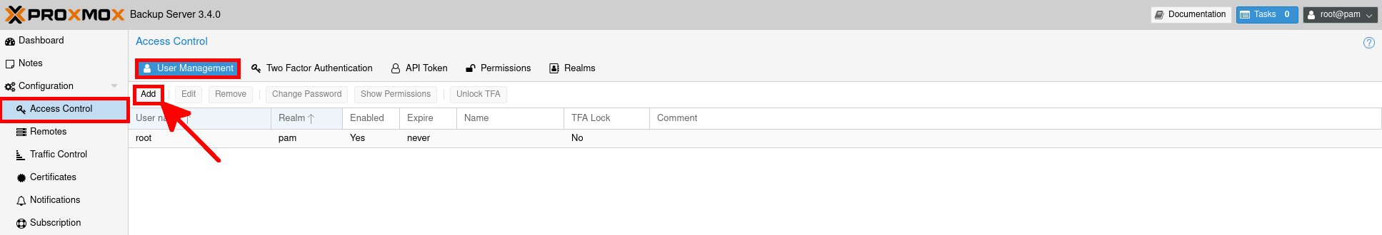 Add new user in PBS access control panel
